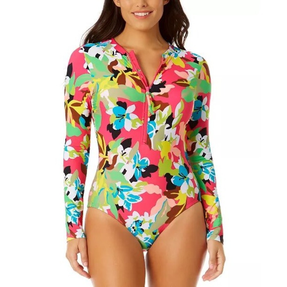 Anne Cole Pink Floral Long Sleeve Zip Front‎ One Piece Swimsuit Rash Guard Swim